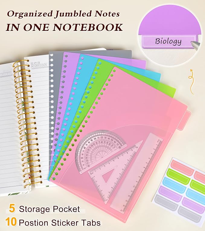 5 Subject Notebook College Ruled 240 Pages, A5(5.8"x8.3") Hardcover Spiral Notebook with Removable Dividers Tabs, Lined Spiral Journal Notebook for Women, Notebooks for Work School，whitespringflower