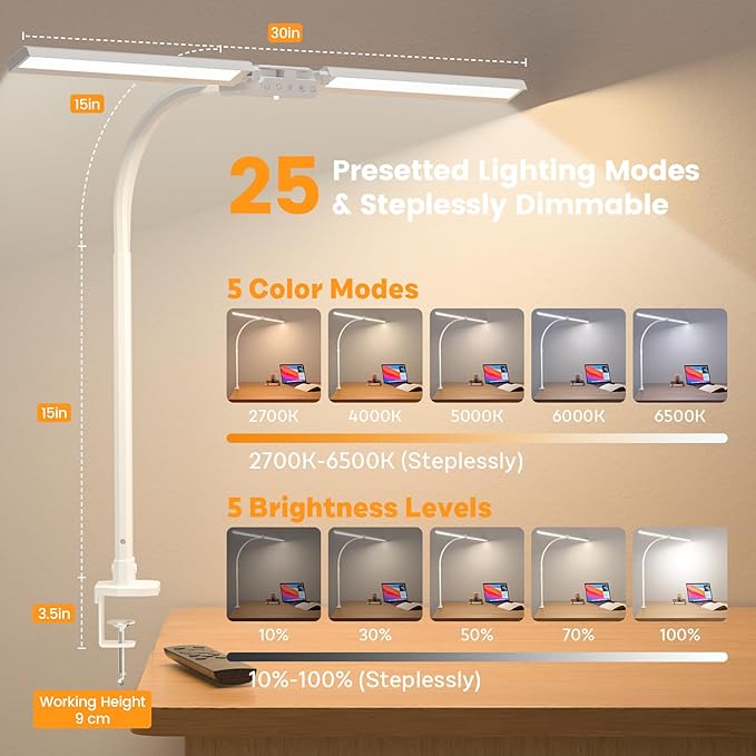SIBRILLE Upgraded LED Desk Lamp for Home Office with RGB, Rotatable Computer Desk Light with Remote, Tall Table Lamp with Clamp for Working, Dimmable Dual Head Task Lighting for Monitor PC, 22W