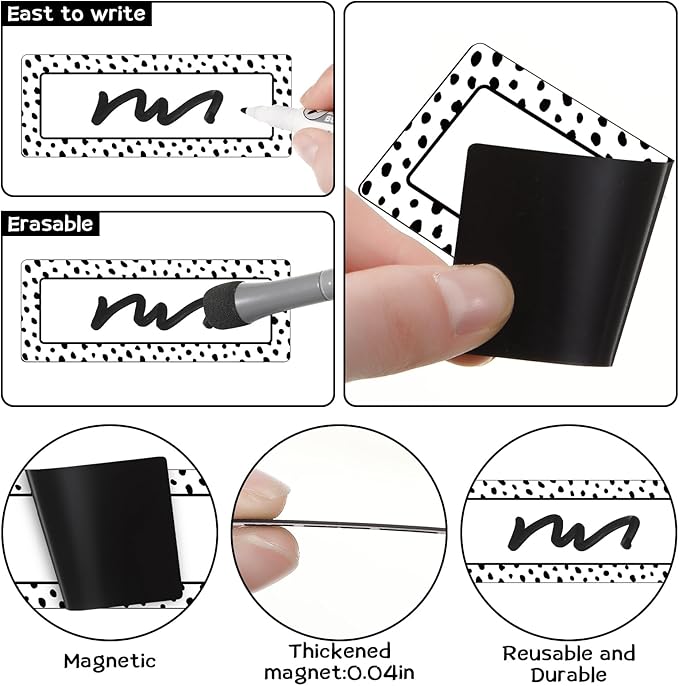 Eaasty 48 Pcs Dry Erase Magnetic Label Back to School Magnetic Name Labels Colored Black White Composition Dots Reusable Name Tag for Whiteboard Office Home(Not Include Pen)(Dots 1)