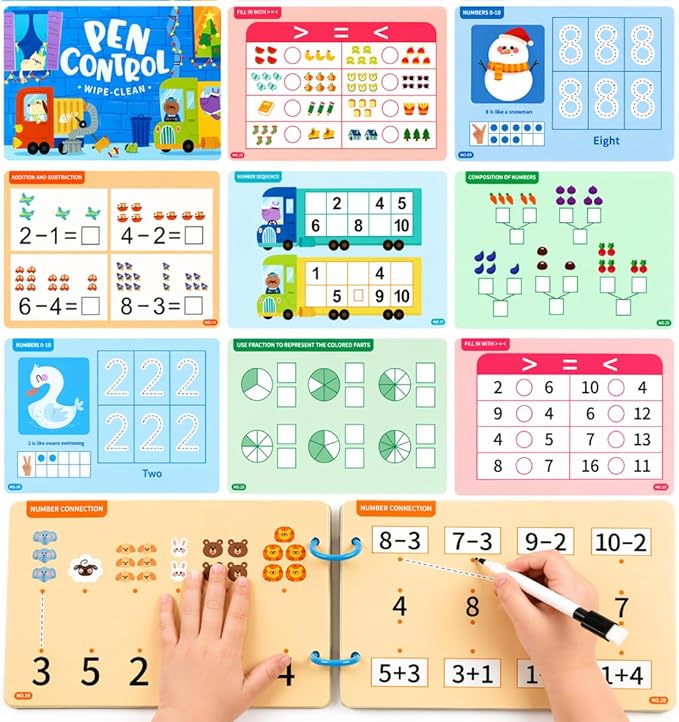 Number Tracing Pad, 30 Pages 123 Handwriting Book, Reusable & Erasable Pen Control Practice Montessori Educational On The Go Toy and Learning Tool for Road Trip Airplane Travel