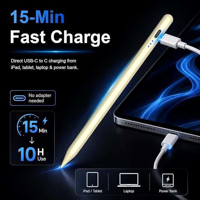 HATOKU Stylus Pen for iPad 2018-2026, 15 Mins Fast Charging Pencil 1st Gen with Tilt & Palm Rejection Digital Pens Stylus Pens for iPad 6-11, Air 3/4/5/M2/M3, Mini 5/6/7, Pro 11"/12.9"/M4 M5 (Yellow)