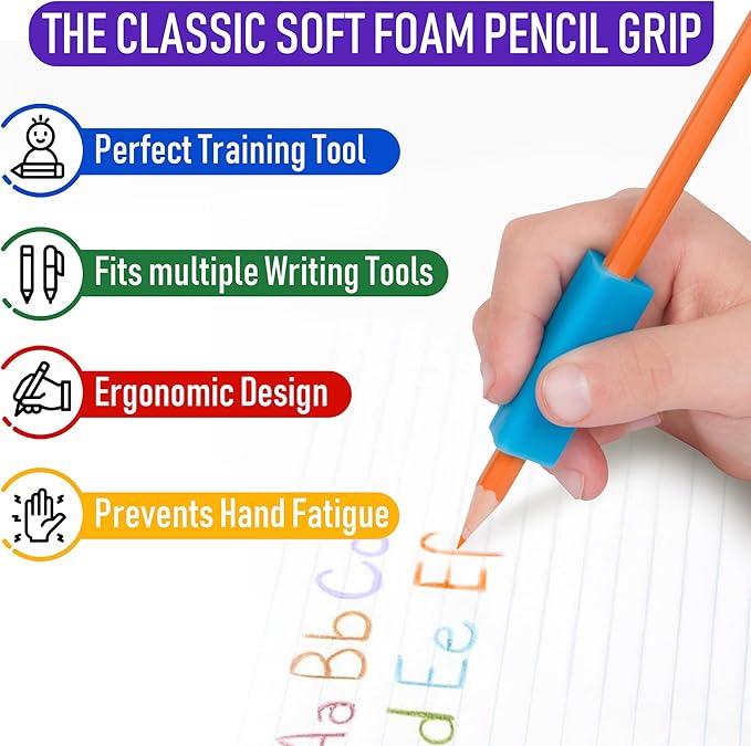 The Pencil Grip- Classic Triangle Grip, Pencil Holder, Ergonomic Writing Aid, Pencil Grips for Kids Handwriting, Perfect for Right or Left Handed Users, Assorted Colors, Pack of 48
