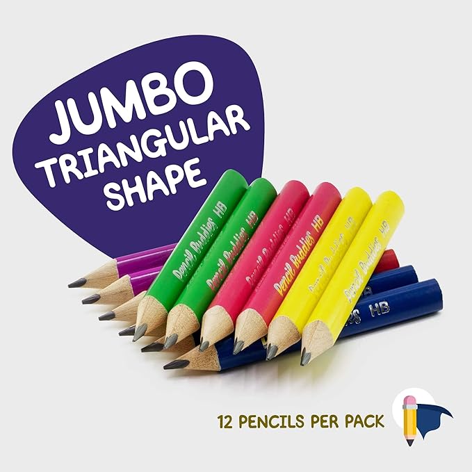 Short Jumbo Kids Pencils for Preschoolers, Kindergarten, Toddlers & Beginners - 12 Fat and 1 Sharpener Eraser, 2, Triangle Grip, Big (Multicolor), 14 Piece Set, 57352