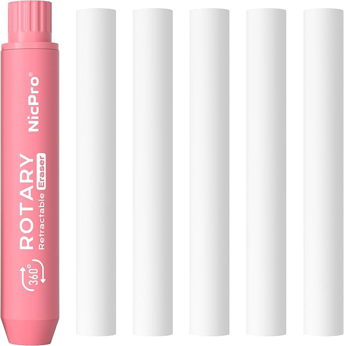 Nicpro Rotary Retractable Eraser with 5 PCS Refills-Pink