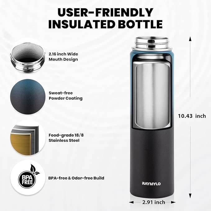 RAYMYLO Insulated Water Bottle 24oz, Triple Wall Vacuum Stainless Steel (Cold for 24Hrs, Hot for 12Hrs), Leak Proof & Non-BPA, 24oz Hydro Water Flask with Paracord Handle & Straw Spout Lids