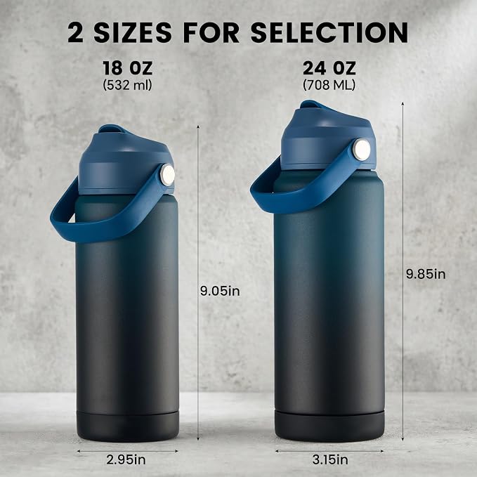 Fijinhom 18 oz Insulated Water Bottle with Straw Lid, Stainless Steel Water Bottles, Double Wall Vacuum, Portable Handle & Non-slip Bottom, BPA Free Leak Proof Metal Bottles, Keep Cold 24H, Blue/Black
