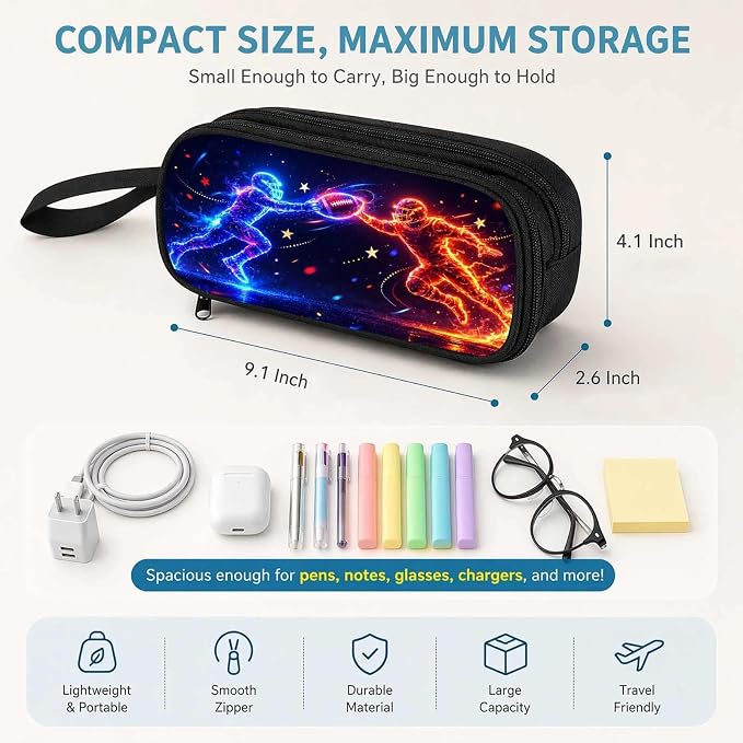 Firmiso Kids Pencil Case, Neon Football Clash Graphic, Large Capacity Double Zipper Pencil Pouch with Compartments, Durable Polyester School Supplies Organizer, Pen Case for Boys Girls Teens