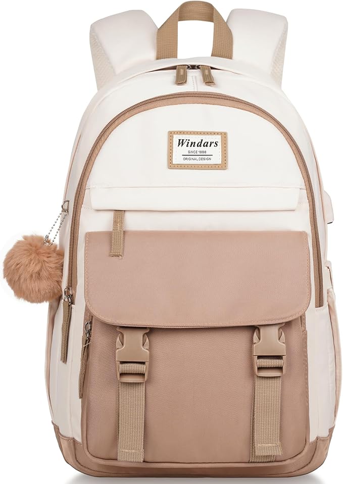 WINDARS School Backpack for Teen Girls, Cute College Backpacks for Women Students Aesthetic Bookbag Large 18 Inch Laptop Bag Middle School Travel Back Pack (Beige Khaki)