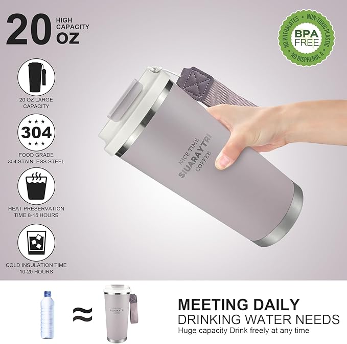 20oz Tumbler Stainless Steel Vacuum Insulated Coffee Travel Mug Reusable Iced Coffee Cup Hot Coffee Travel Mug with lid and straw Cupholder Friendly Leak-Proof BPA Free (Light Purple)