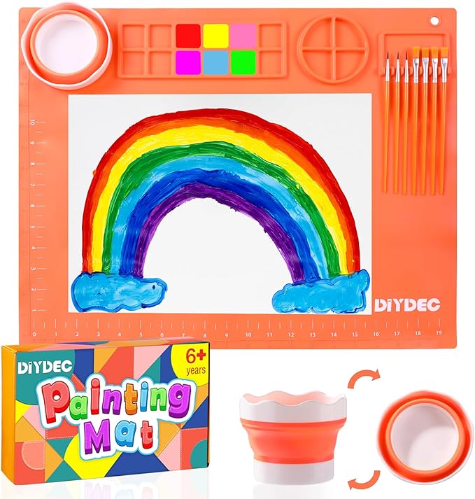 DIYDEC Silicone Craft Mat for Kids 20X16 Inch Large Painting Mat with Detachable Cup &10 Painting Brushes Silicone Art Mat for Boy Girl DIY Gift Accessories (Orange)