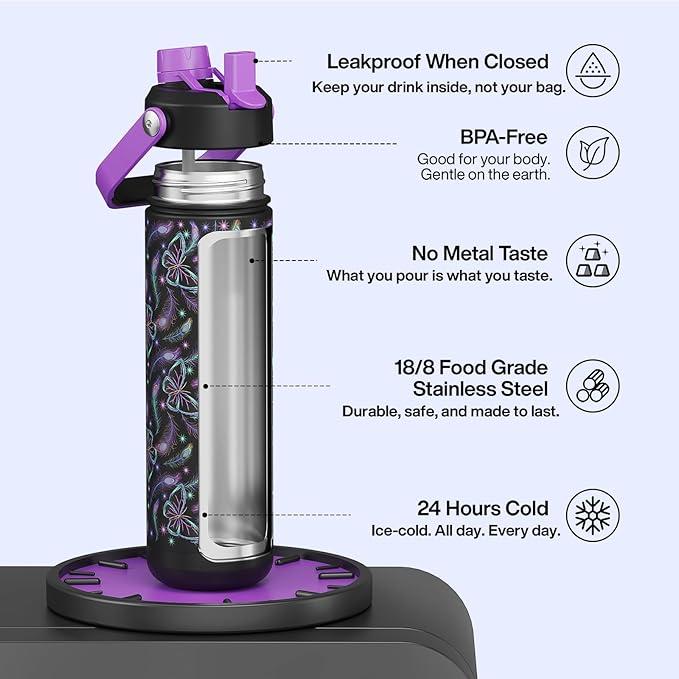 ENCOOL Insulated Water Bottle with Straw Stainless Steel Water Bottle, Glow in the Dark, Leak-Proof, BPA-Free, Keeps Cold for 24 Hours for Sports, Travel, School (26 oz, Midnight Butterfly)