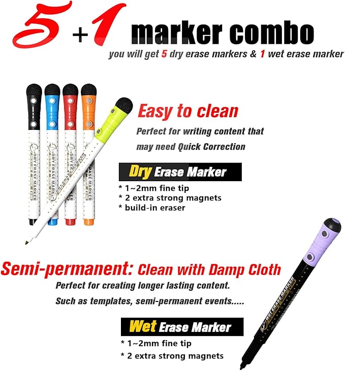 Dry Erase Calendar Kit- Magnetic Calendar for Refrigerator - Monthly Fridge Calendar Whiteboard with Extra-Thick Magnet Included 5 Marker & Eraser & Adhesive Hooks for Wall Hanging