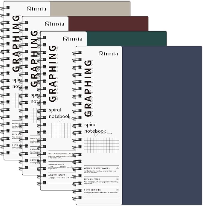 Graph Paper Notebook Spiral Notebook 8.5" x 11"-4 Pack Grid Paper Notebook Engineering notebook 120 Pages 100 GSM Graphing Paper Notebook Hardcover Journal for School (GRAPH, Mult-color)