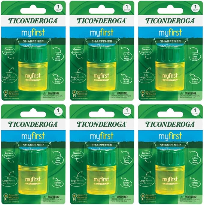 Ticonderoga My First Pencil Sharpener, 1 Hole, Large Barrel, Yellow/Green, Pack of 6