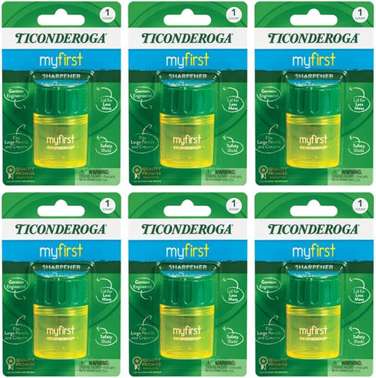Ticonderoga My First Pencil Sharpener, 1 Hole, Large Barrel, Yellow/Green, Pack of 6