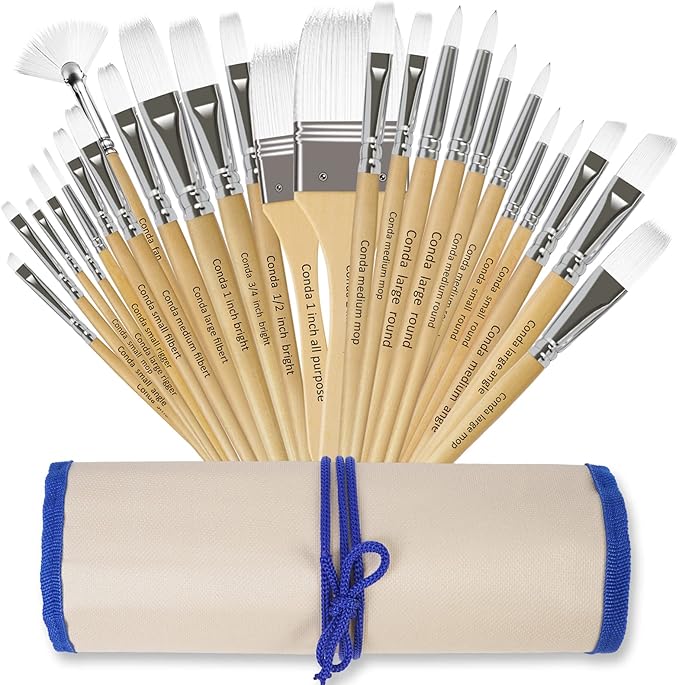CONDA Paint Brushes Set of 24 Different Shapes Professional Painting Brushes for Oil, Acrylic Canvas and Watercolor Painting (White)