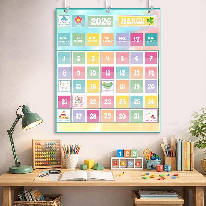 Tinlade Classroom Calendar Pocket Chart Set with 115 Cards 24 x 28 Inch Rainbow Pastel Calendar Bulletin Board Pocket 2026-2033 Festival Weather Teacher Supplies for Back to School Wall Decoration