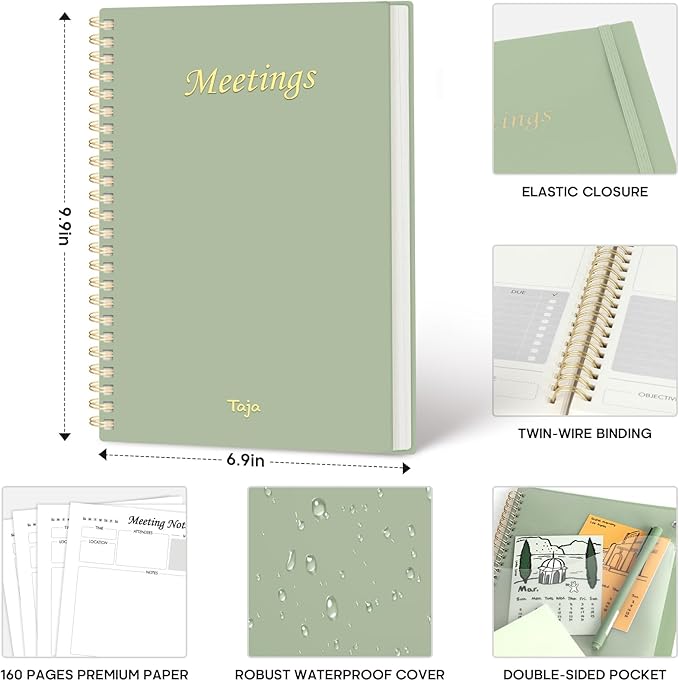 Meeting Notebook for Work Organization - Work Planner Notebook with Action Items, Agenda Planner for Note Taking, 160 Pages (6.9" X 9.9") Project Organizer for Men & Women - Green