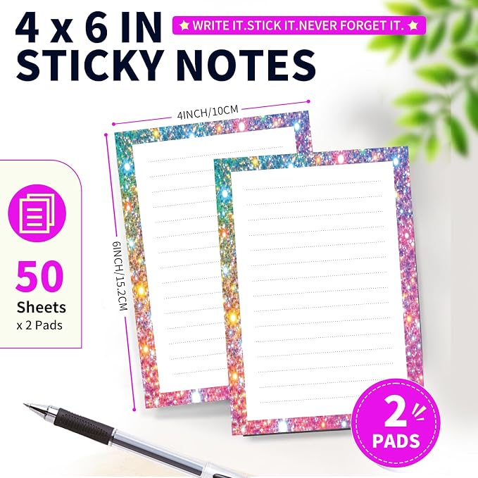 Lined Sticky Notes 4x6 in, 2 Pack Large Cute Notepads with Lines Self-Stick Note Pad, Funny Memo Pads Strong Adhesive for Office, Home Glitter Colorful Dots