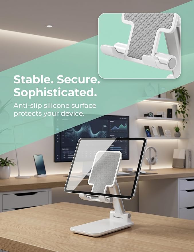 Phone Stand, PhoneHolder for Desk Anti-Slip Cute OfficeAccessories Forldable Cell PhoneHolder Compatible with iPhones, AllMobile Phones, White-Silver, Pro