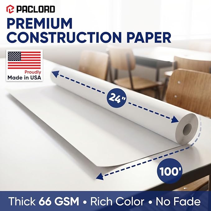White Construction Paper Roll 24" x 100 ft – Made in USA – 24" Bulletin Board Paper for Classroom & School, Teachers & Kids