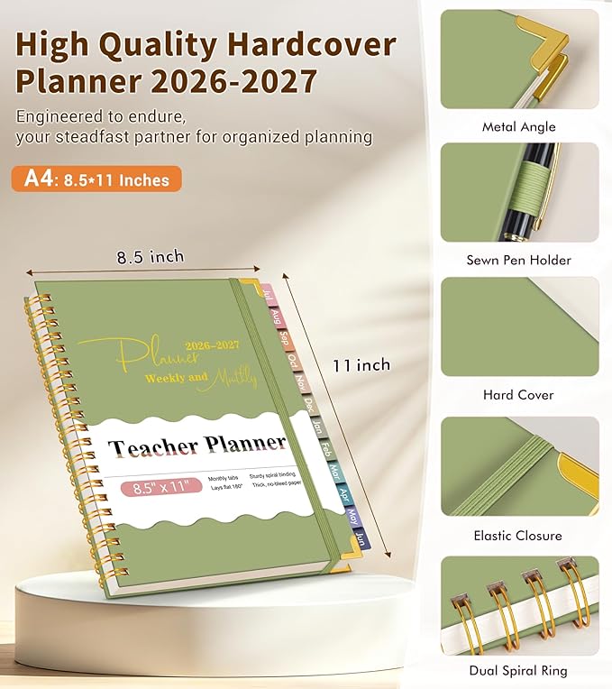 Teacher Planner 2026-2027, July 2026 - June 2027, Academic Weekly & Monthly Calendar Planner with Tabs, 8.5" x 11" A4 Teacher Lesson Plan Book with 7 Periods, Daily Agenda School Organizer for Teacher Student Homeschool, Green