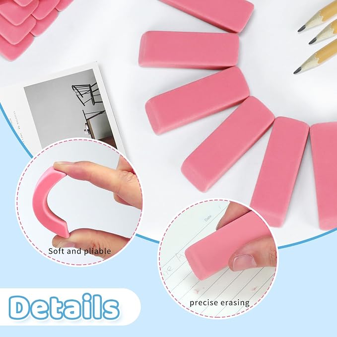 PRALB 144 Pack Pink Erasers, Bulk Erasers for Art, School, and Classroom
