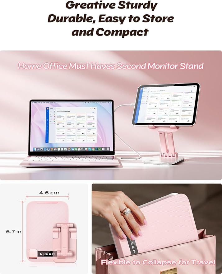 LISEN Tablet Stand for iPad Stand Holder Desk, Foldable Home Office Desk Accessories Travel for iPad Holder Dorm College Essentials Portable Monitor Stand Fits Tabs Kindle iPhone 4-15.9" Black (Pink)