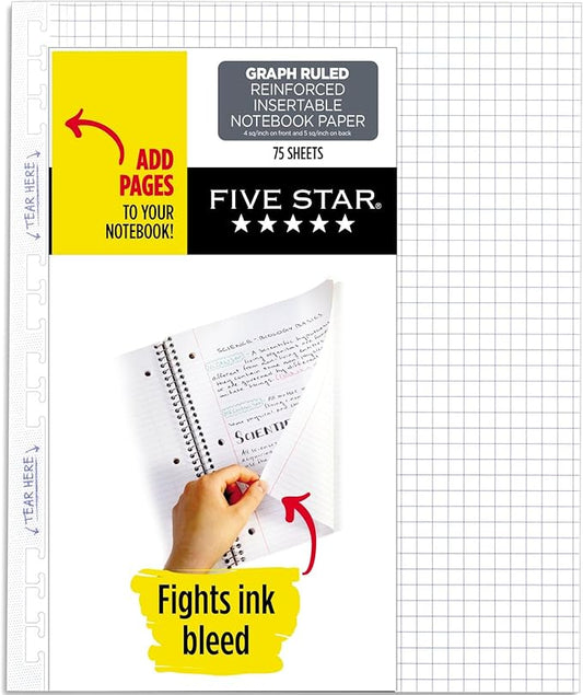 Five Star Reinforced Insertable Graph Ruled Notebook Paper, 6 Pack, White, 8.5 x 11, 75 Sheets per Pack