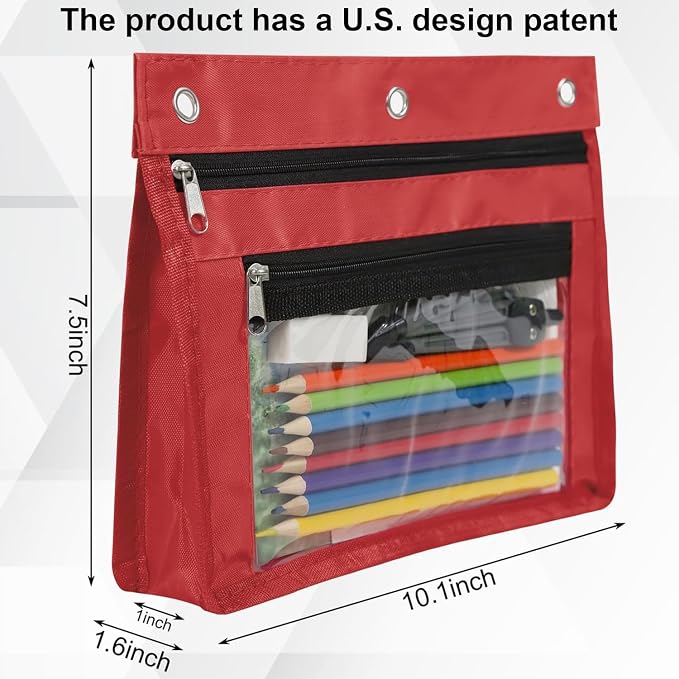 YoeeJob 2 Pack Expandable Pencil Pouches for 3 Ring Binders, Red | 1-inch expansion, 2 clear PVC pockets, 3 holes, large-capacity storage for school and office supplies.