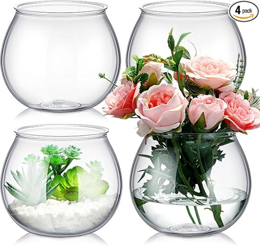 FoldTier 4 Pcs Plastic Fish Bowls 27 Oz Clear Round Vase Centerpieces | Shatterproof Acrylic Fish Bowl Drinks Container, Perfect Parties Wedding Table Decor, Versatile as Floral Vase or Terrarium