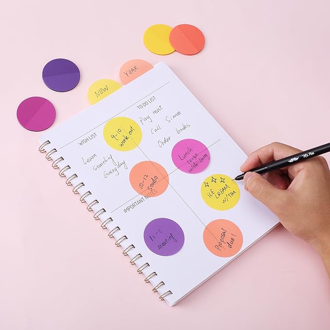 Mr. Pen- Round Transparent Sticky Notes, 1.8”, 8 Pads with Black Fineliner, 400 Sheets, Smooth Writing, Water-Resistant, Clean Removal, Easy-Peel Sticky Notes for Bible Journaling & Planning, Sunset