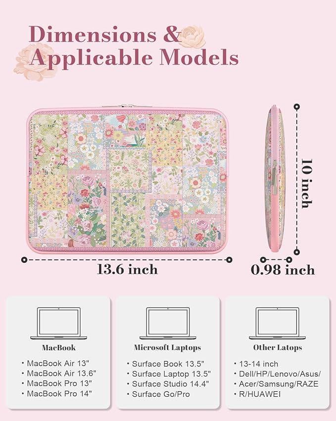 iCasso Laptop Sleeve 13 inch for MacBook Air 13-13.6 inch M5/M4/M3/M2/M1, Cute MacBook Neo/Pro 13 inch, Slim Protective Travel Carrying Case for MacBook Pro 14'', Chromebook, HP, Dell, Pink Flowers