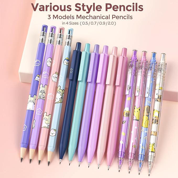 Nicpro 45PCS Mechanical Pencils with 462 Lead Refills (Pink) | 0.5mm-2.0mm Cute Mechanical Pencil Pet, School Supplies Stationary Set with Pencil Case for Girl Note-Taking & Back to School