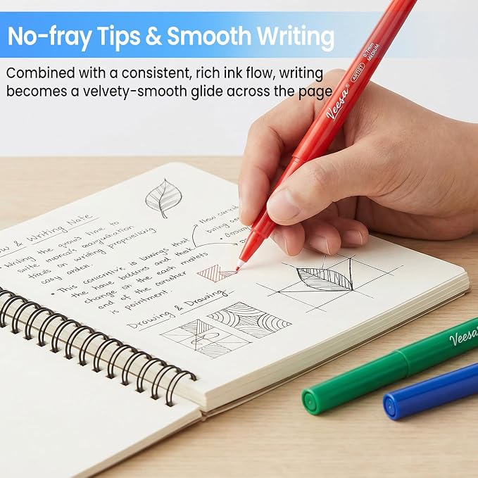 VEESA Felt Tip Pens 30 Colors, Medium Point (0.7mm), Smooth Writing