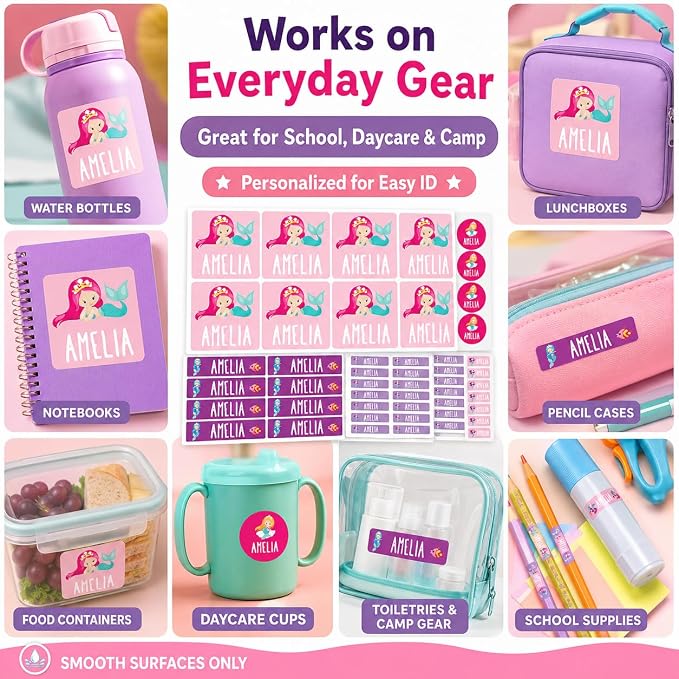 Andaz Press Mermaid 120-Pack Custom Personalized Waterproof School Name Labels, Kids Labels Combo Pack, Customizable Multi-Use Name Stickers