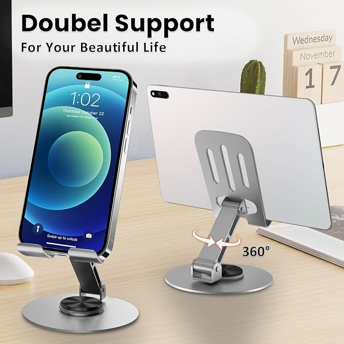 Universal Metal Cell Phone Stand, Multi-Angel Adjustable 360° Rotation Non-Slip Metal Phone Stand Compatible with iPhone 17 16 Pro Max and All Smartphones (Grey)