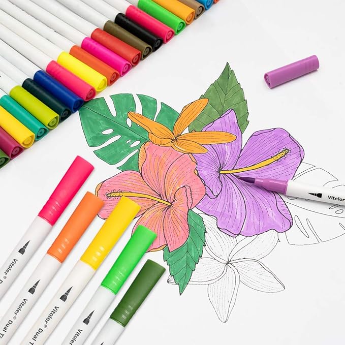 Vitoler Colored Markers Highlighters Dual Tip Brush Pens,Fine Tip Markers & Fine Point Art Pens for Adult Coloring Drawing Planner Art Craft Supplies (24 Brush Pens Set)