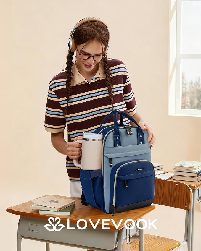 LOVEVOOK Laptop Backpack Women with Giant Tumbler Holder,18.4 inch Work Travel Backpack Computer Laptop Bag,Cute College Nurse Teacher Backpack Purse,Gift for Women & Men,Indigo blue-Mint green-Indigo