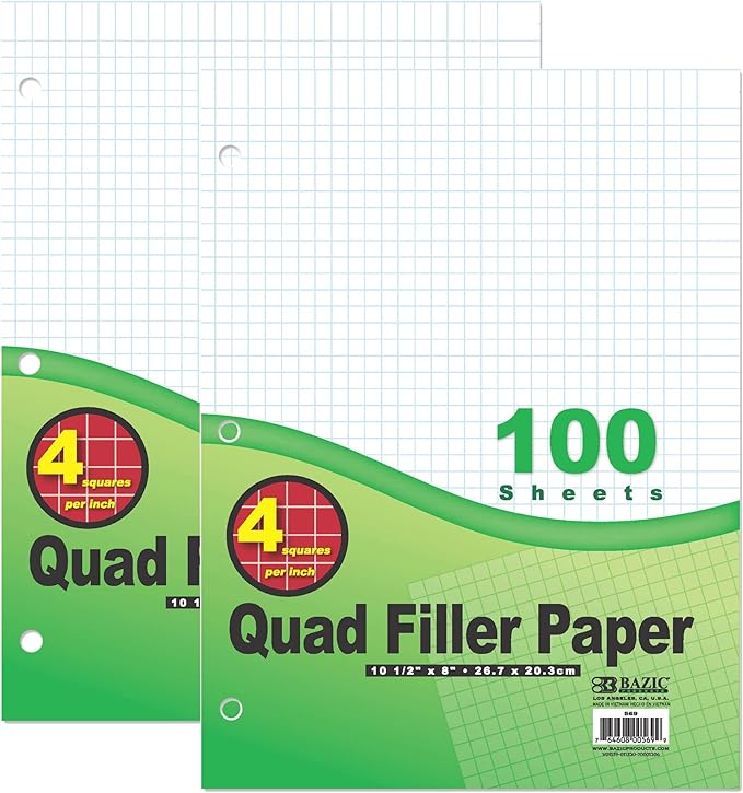 BAZIC Products Graph Paper Loose Leaf, 100 Sheets, 4 Squares Per Inch, 2-Pk