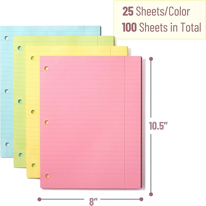 Mr. Pen- Colored Loose Leaf Paper Wide Ruled, 100 Sheets, 8” x 10.5”, 3- Hole Punched, Notebook Paper