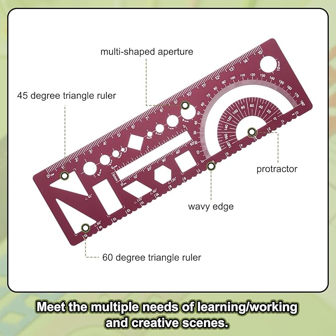 HARFINGTON 2pcs Multifunctional Geometric Rulers 15cm Metric and SAE Aluminum Straight Edge Protractor Angle Math Measuring Ruler Geometric Drawings Templates for Drawing Drafting, Dark Red