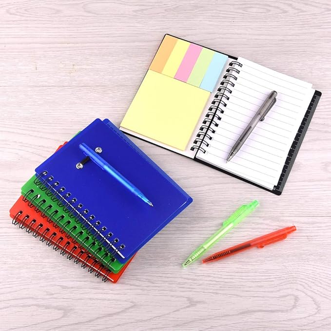 Coopay 4 Pieces Spiral Notebook Steno Pocket Notepad with Pen in Holder and Sticky Notes, Page Marker Index Tabs Flags Making Plans Writing Memos Office School Supplies (Black, Blue, Red, Green)
