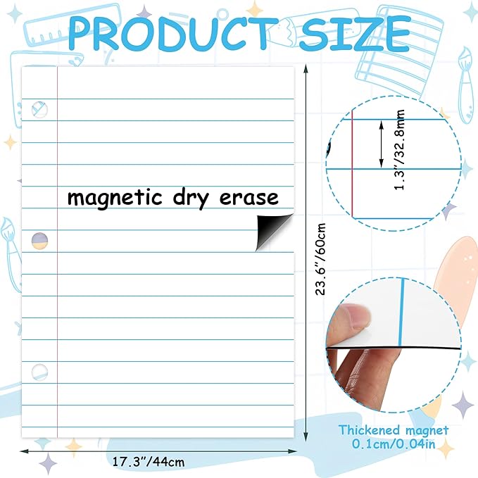 2 Sheets Magnetic Notebook Paper Total Area 23.6" x 17.3" Dry Erase Magnetic Lined Paper for Classroom Whiteboard Giant Reusable Handwriting Notebook Poster for School Office Teacher Teaching Supplies
