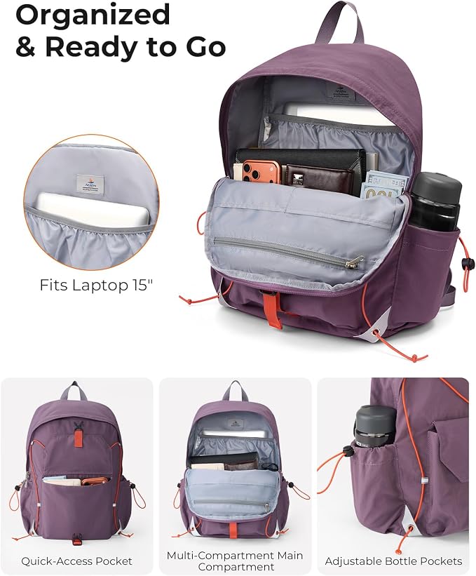 25L Travel Backpack Women Men,Lightweight College Backpack,Purple | Casual Daypack, Water Resistant Bookbag, Fit 15.6-inch Laptop, Travel Commuting Gym Hiking Work Bag, TSA Friendly