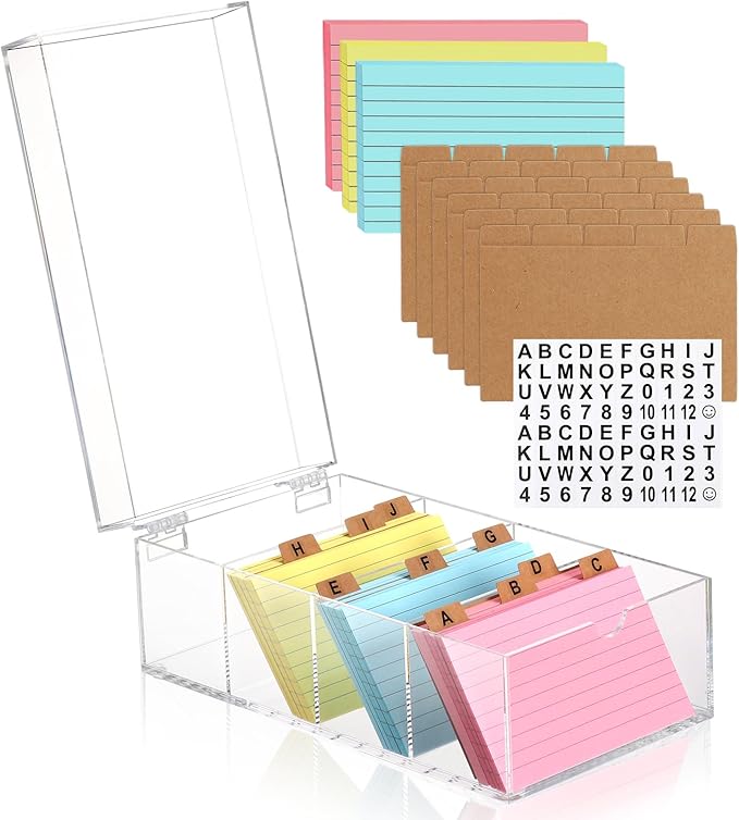 3 x 5 Inch Acrylic Index Card Holder Clear Index Card Box Note Card Organizer with 150 Ruled Lined Index Cards 30 Kraft Dividers A-Z Stickers 4 Divider for Holds 600 Cards Tabs Note Recipe Cards