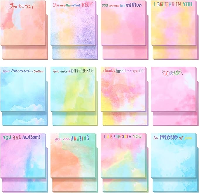 Yinder 24 Pcs Inspirational Sticky Notes Cute Motivational Sticky Notes Pad End of Year Employee Appreciation Gifts Bulk for Teacher Nurse Coworkers Office Supplies 3 x 3'' (Thank You,Water Color)