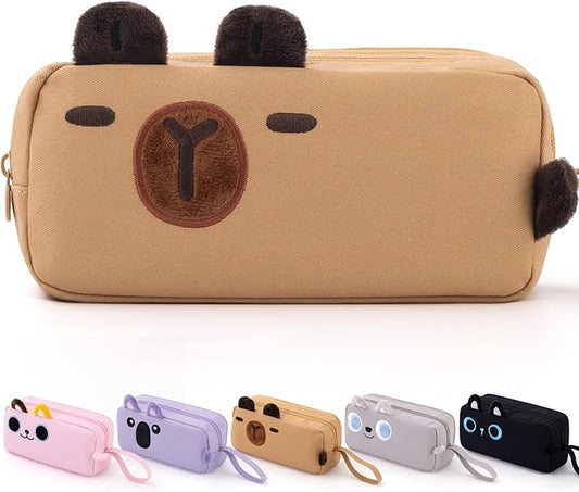 CICIMELON Cartoon Pencil Case, Large Capacity Pen Pouch with Embroidered Animal Design, School Supplies Bag for Kids, Teens, Students (Brown Capybara)
