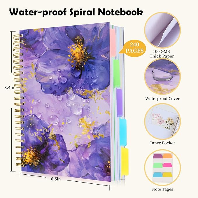 5 Subject Notebook College Ruled, A5 Spiral Notebook with Removable Pocket Dividers Tabs, Lined Organizer Notebook Journal for Women, 240 Pages Notebooks for Work School Note Taking, Purple Floral
