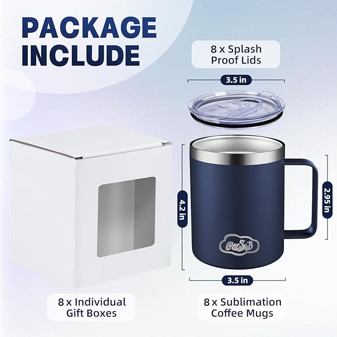 12oz Insulated Coffee Mug with Handle, Stainless Steel Wide Mouth Travel Tumblers with Lid, Double Wall Vacuum Coffee Cup for Camping, Office, Navy Blue 8 Packs
